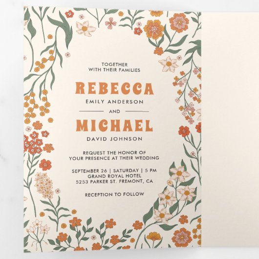 Crème Sinaasappel Groovy Wildflower Alles in één b Drieluik Uitnodiging (Binnenzijde eerst)