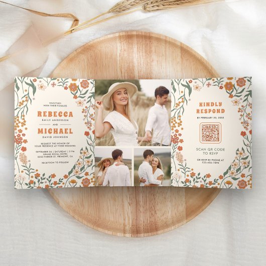 Crème Sinaasappel Groovy Wildflower Alles in één b Drieluik Uitnodiging