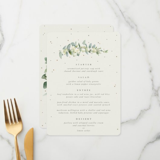 Crème Sneeuwbes + Eucalyptus 4-gangen Trouwmenu Menu (Voorkant / Achterkant in situ)
