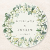 Crème Sneeuwbes & Eucalyptus Winter Bruiloft Ronde Kartonnen Onderzetter (Voorkant)