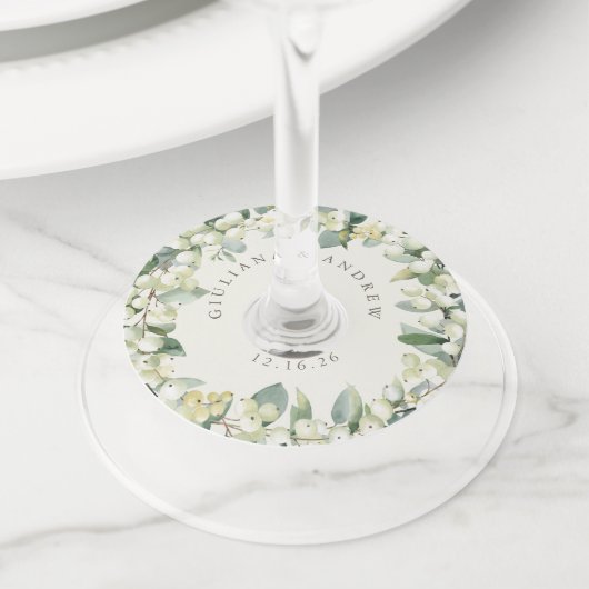 Crème Sneeuwbes & Eucalyptus Winter Bruiloft Wijnglaslabel (Dichtbij)