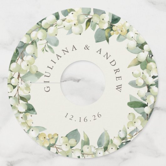 Crème Sneeuwbes & Eucalyptus Winter Bruiloft Wijnglaslabel (Achterkant)