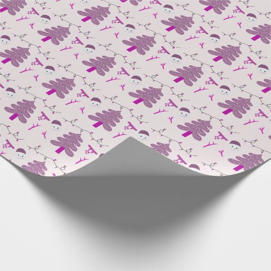 Crème Sneeuwmannen en Paarse Bomen Kerstmis Cadeaupapier (Hoek)