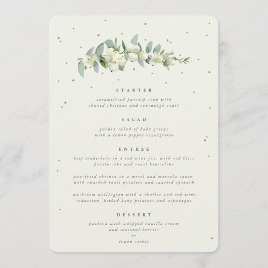 Crème Snowberry + Eucalyptus 4 gangen bruiloft Menu (Voorkant)