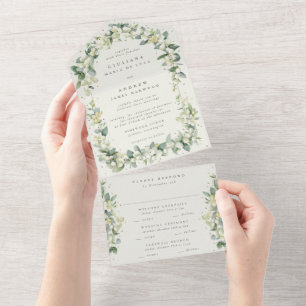 Crème Snowberry + Eucalyptus bruiloft All In One Uitnodiging