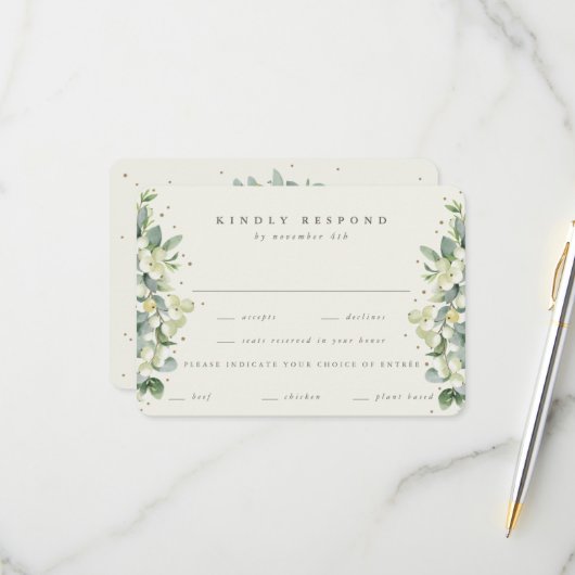 Crème Snowberry + Eucalyptus Edged Winter Bruiloft RSVP Kaartje (Voorkant / Achterkant in situ)