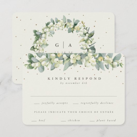 Crème Snowberry + Eucalyptus Garland Winter bruilo RSVP Kaartje (Voorkant / Achterkant)