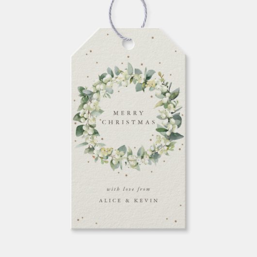 Crème Snowberry+Eucalyptus Kerst/Vakantie Cadeaulabel (Voorkant)