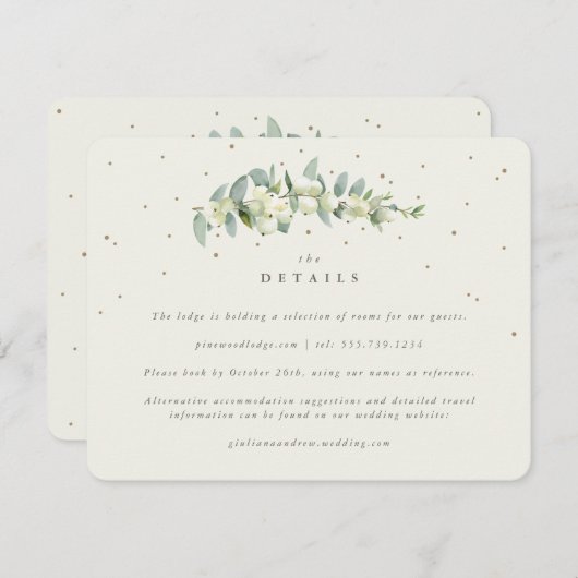 Crème Snowberry + Eucalyptus stam bruiloft details Informatiekaartje (Voorkant / Achterkant)