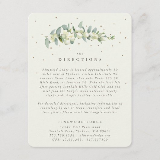 Crème Snowberry+Eucalyptus Stem Bruiloft Routebesc Informatiekaartje (Voorkant)