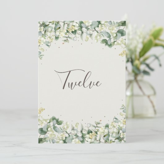Crème Snowberry+Eucalyptus Table Number Kaart (Staand voorkant)
