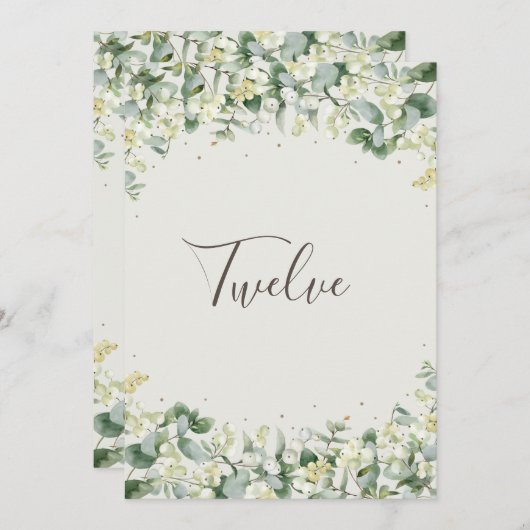 Crème Snowberry+Eucalyptus Table Number Kaart (Voorkant / Achterkant)