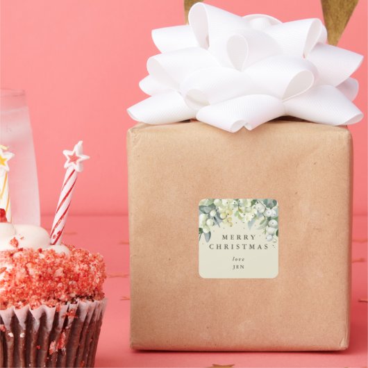 Crème Snowberry+Eucalyptus Vrolijk Kerstfeest/Aang Vierkante Sticker (Feest)