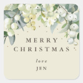 Crème Snowberry+Eucalyptus Vrolijk Kerstfeest/Aang Vierkante Sticker (Voorkant)