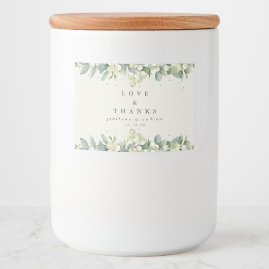 Crème Snowberry + Eucalyptus Winter bruiloft gunst Voedselcontainer Etiket (Voorkant)