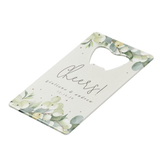 Crème Snowberry + Eucalyptus Winter Bruiloft Mini Creditkaart Flessenopener (Voorkant Gekanteld)