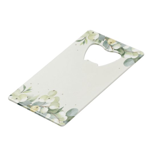 Crème Snowberry + Eucalyptus Winter Bruiloft Mini Creditkaart Flessenopener (Achterkant Gekanteld)