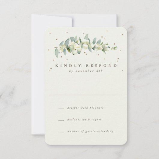 Crème Snowberry + Eucalyptus Winter bruiloft RSVP Kaartje (Voorkant)