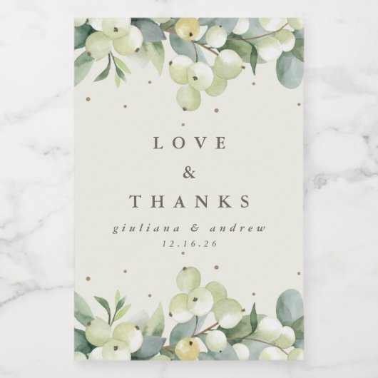 Crème Snowberry + Eucalyptus Winter bruiloft Voedselcontainer Etiket (Enkel label)