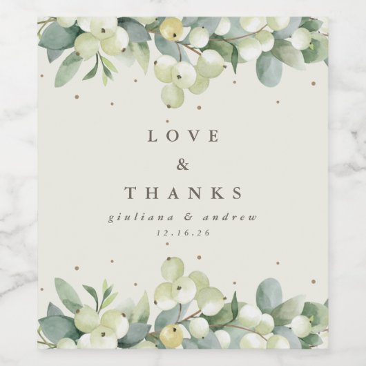 Crème Snowberry + Eucalyptus Winter bruiloft Wijn Etiket (Enkel label)