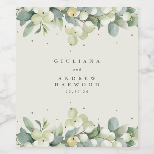 Crème Snowberry + Eucalyptus Winter bruiloft Wijn Etiket (Enkel label)