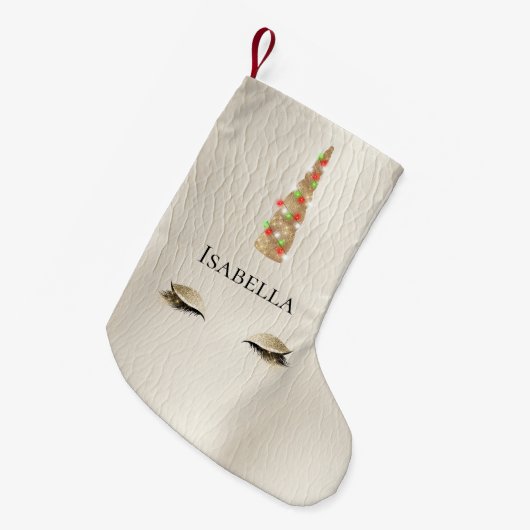 Crème Sparkle Goud Glam Eenhoorn Lichten Kleine Kerstsok (Voorkant (Hangend))