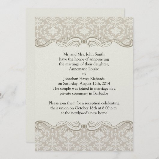 Crème Tan Damast Wervelingen Na Trouwen Kaart (Voorkant / Achterkant)