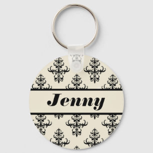 Crème Tan & Zwarte Damast Gepersonaliseerde Naam Sleutelhanger