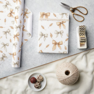 Crème Taupe Bogen Bladeren Verjaardag Cadeaupapier