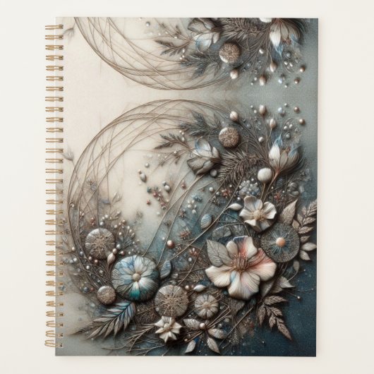 Crème Teal 3D Sculpturale Botanische Bloemstuk Planner (Voorkant)
