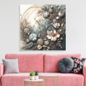 Crème Teal 3D Sculpturale Botanische Bloemstukken Canvas Afdruk (Insitu (Woonkamer))