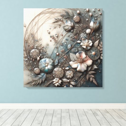 Crème Teal 3D Sculpturale Botanische Bloemstukken Canvas Afdruk (Insitu (Houten vloer))