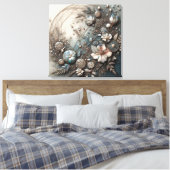 Crème Teal 3D Sculpturale Botanische Bloemstukken Canvas Afdruk (Insitu (Slaapkamer))