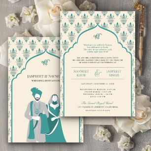 Crème Teal Punjabi Anand Karaj Sikh Huwelijk Kaart