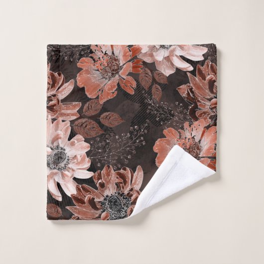 Crème, teracote bloemen op een donkerbruine achter bad handdoek (Wasdoekje)