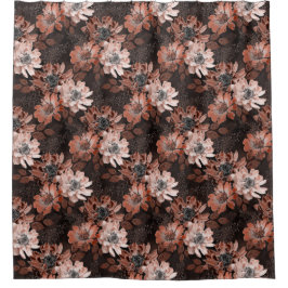 Crème, teracote bloemen op een donkerbruine achter douchegordijn