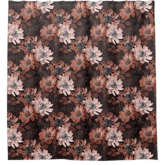 Crème, teracote bloemen op een donkerbruine achter douchegordijn (Voorkant)