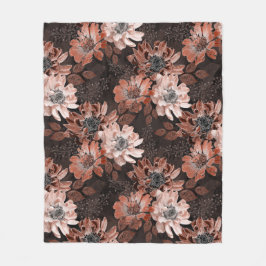 Crème, teracote bloemen op een donkerbruine achter fleece deken