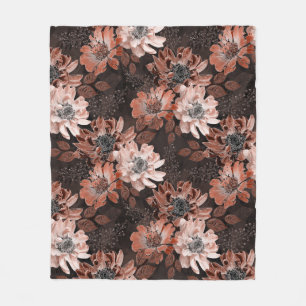 Crème, teracote bloemen op een donkerbruine achter fleece deken