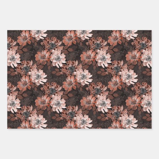 Crème, teracote bloemen op een donkerbruine achter inpakpapier vel (Voorkant)