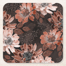 Crème, teracote bloemen op een donkerbruine achter kartonnen onderzetters