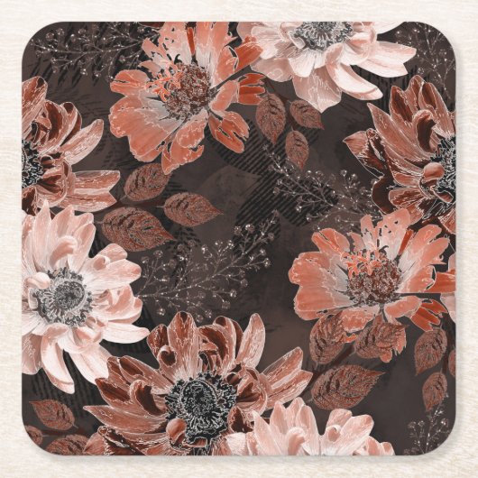 Crème, teracote bloemen op een donkerbruine achter kartonnen onderzetters (Voorkant)
