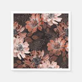 Crème, teracote bloemen op een donkerbruine achter servet