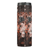 Crème, teracote bloemen op een donkerbruine achter thermosbeker (Achterkant)