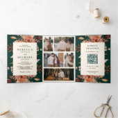 Crème Terracotta Bloem QR Code Smaragd Bruiloft Drieluik Uitnodiging (Binnen)