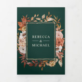 Crème Terracotta Bloem QR Code Smaragd Bruiloft Drieluik Uitnodiging (Cover)