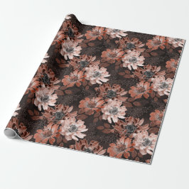 Crème, terracotta bloemen op een donkerbruin cadeaupapier