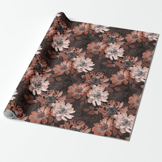 Crème, terracotta bloemen op een donkerbruin cadeaupapier (Uitgerold)