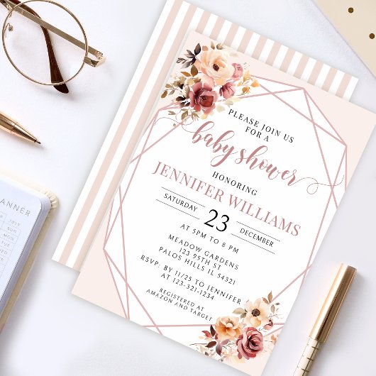 Crème terracotta floraal baby shower uitnodiging