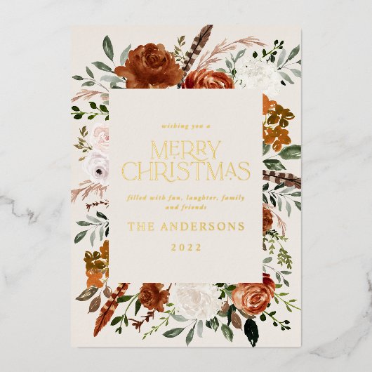 crème terracotta floral botanical elegant script folie feestdagenkaart (Voorkant)